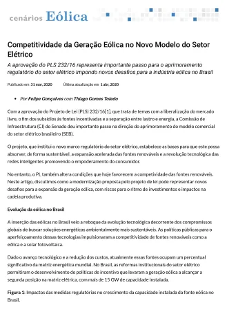 Imagem de "Competitividade da Geração Eólica no Novo Modelo do Setor Elétrico"
