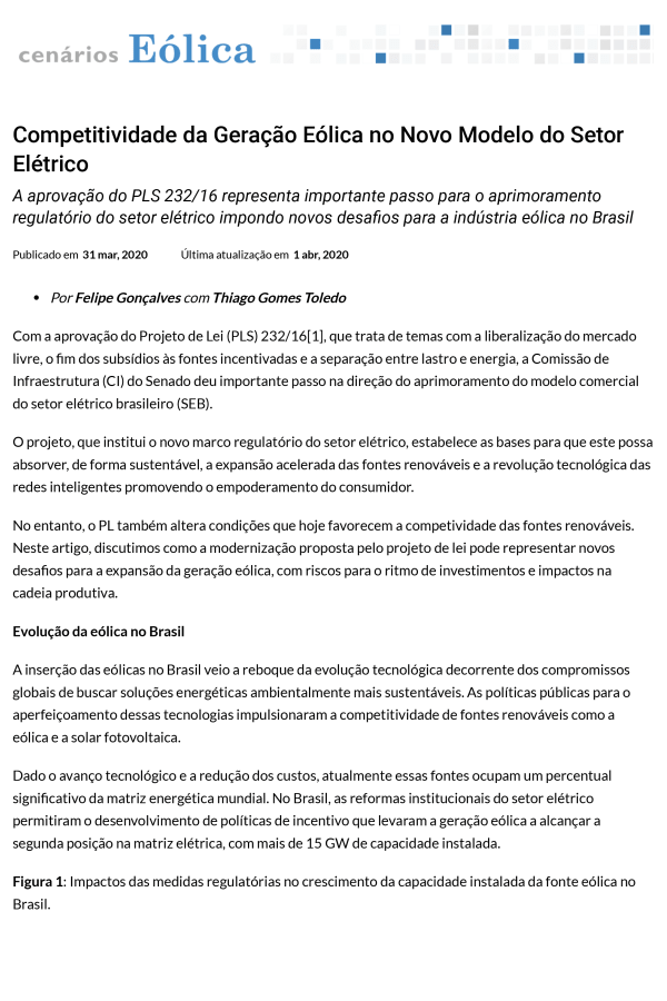 Imagem de "Competitividade da Geração Eólica no Novo Modelo do Setor Elétrico"