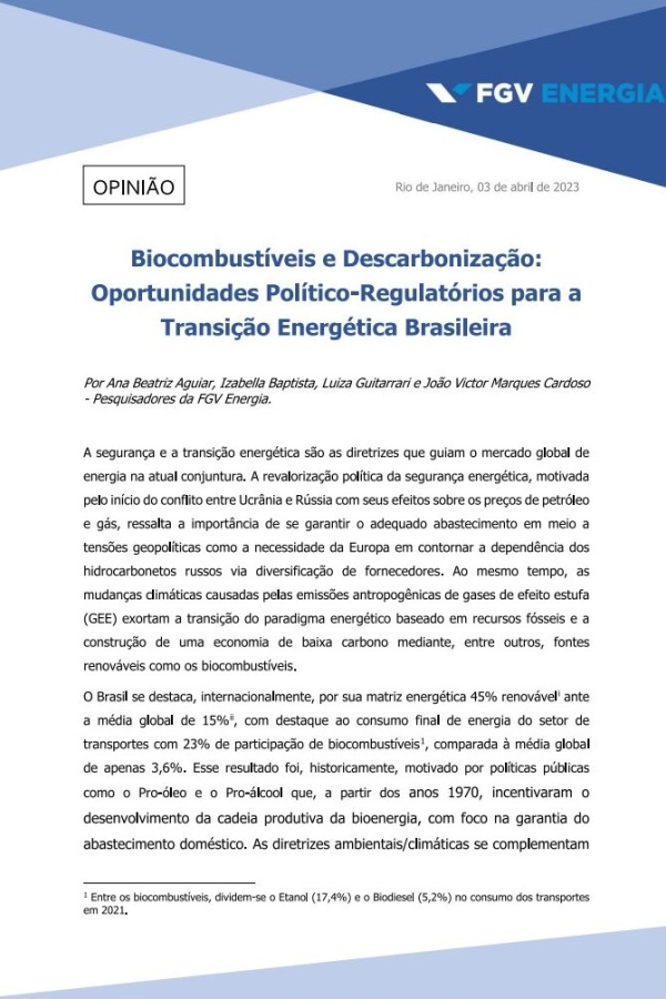 Imagem de "Biocombustíveis e Descarbonização: Oportunidades Político-Regulatórios para a Transição Energética Brasileira"