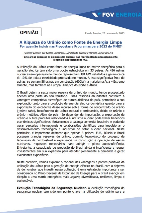 Imagem de "A Riqueza do Urânio como Fonte de Energia Limpa: Por que não incluir nas Propostas e Programas para 2023 do MME?"