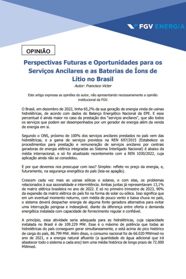 Imagem de "Perspectivas Futuras e Oportunidades para os Serviços Ancilares e as Baterias de Íons de Lítio no Brasil"