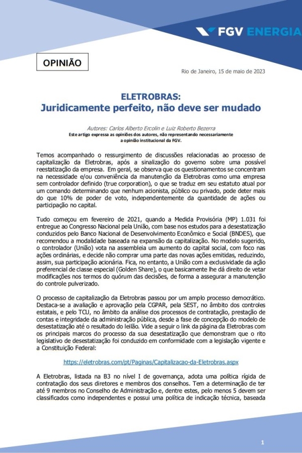 Imagem de "ELETROBRAS: Juridicamente perfeito, não deve ser mudado"